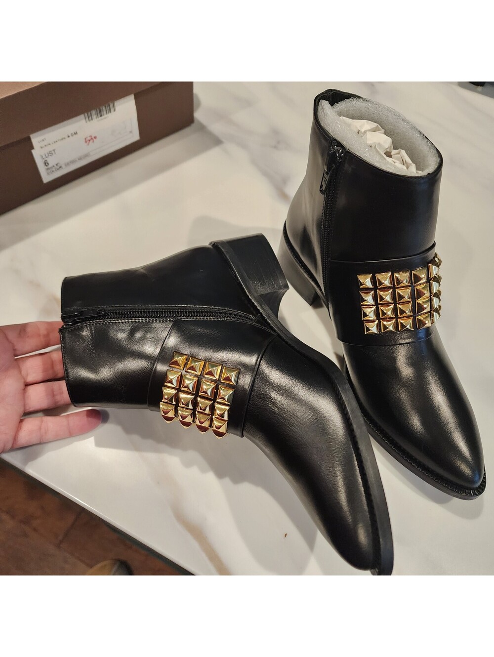 NIB Jon Josef Black Leather Gold Studded Pointed Toe Ankle Boots Booties 7.5